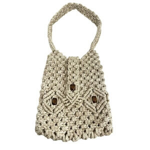 VINTAGE Beige Boho Crochet Macrame Purse Wooden Accents‎ Handmade Woven Handbag